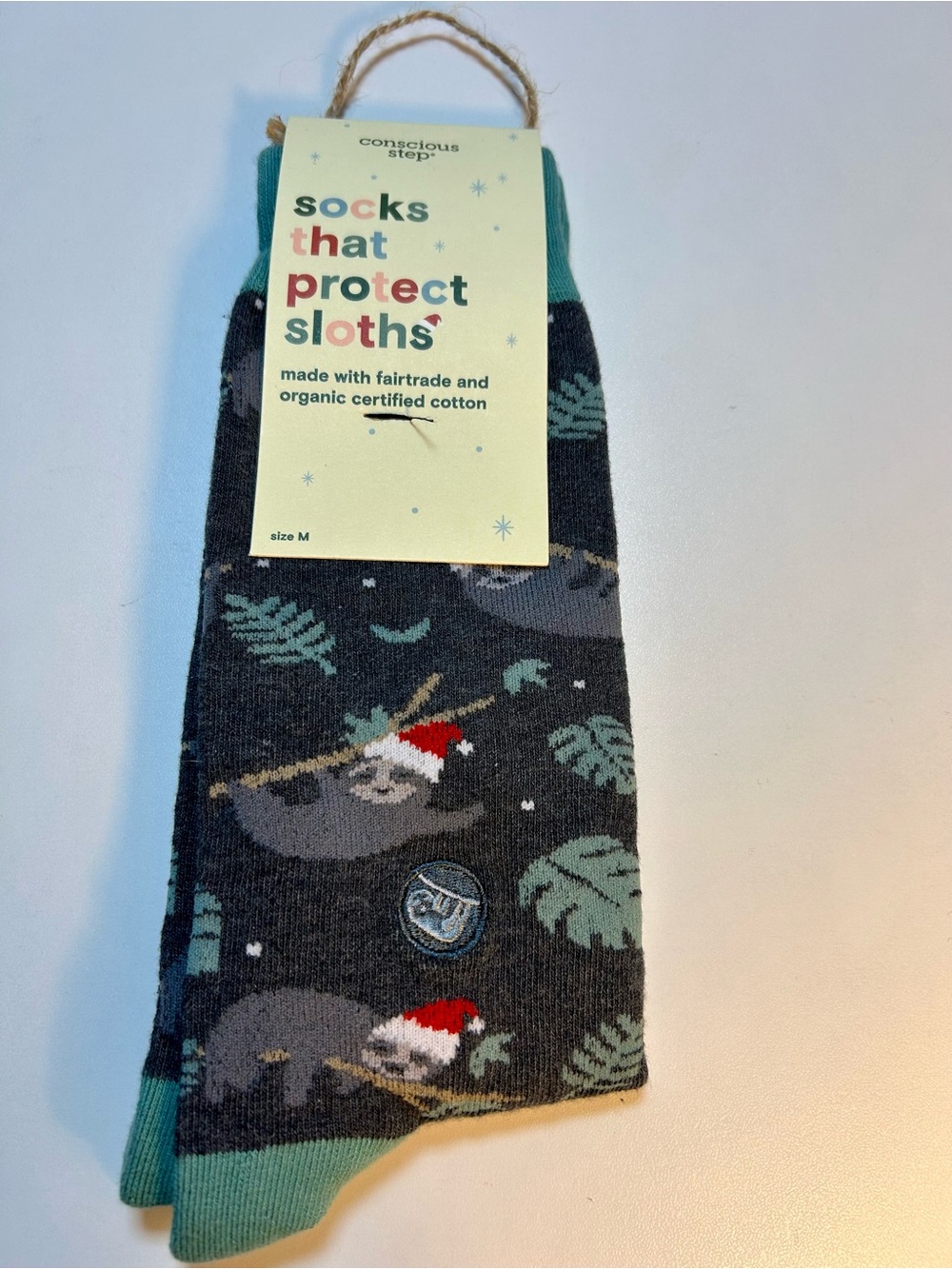 Conscious Step Dark Gray Sloth Print Socks - Organic Cotton, Unisex, size M